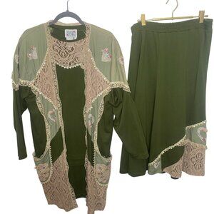 Lacy After Noon Lace Crochet Embellished Top Skirt & Cardigan L 3 Piece Set Cott